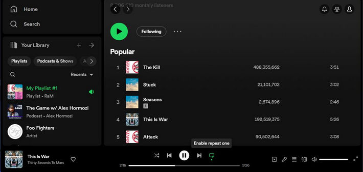 put spotify song on repeat on desktop