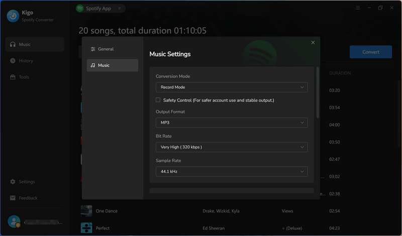 kigo spotify converter settings