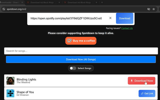 spotdown playlist track list with per-track download buttons