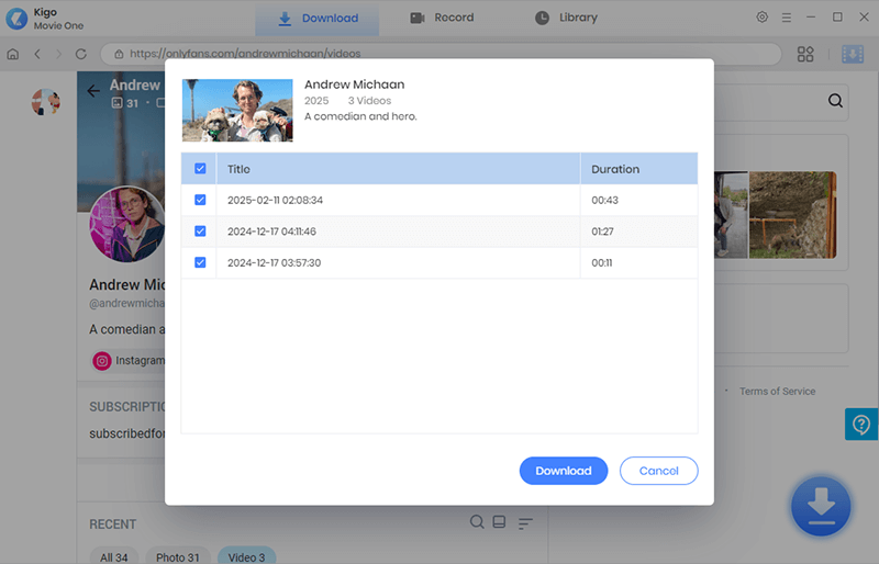 tick the box to choose videos to download