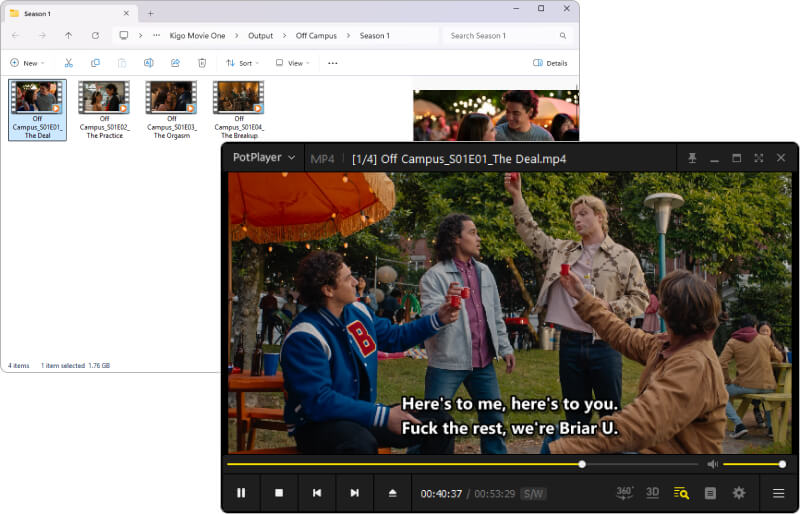 find downloaded video in output folder and play via media player
