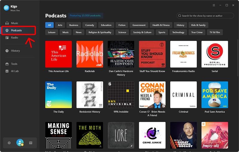 navigate to podcast tab
