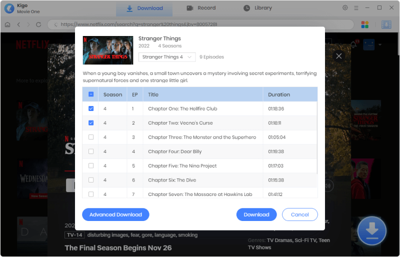 tick the box to choose episodes to download