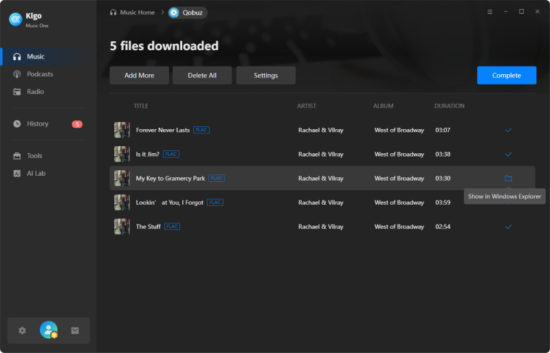 find downloaded qobuz songs in history