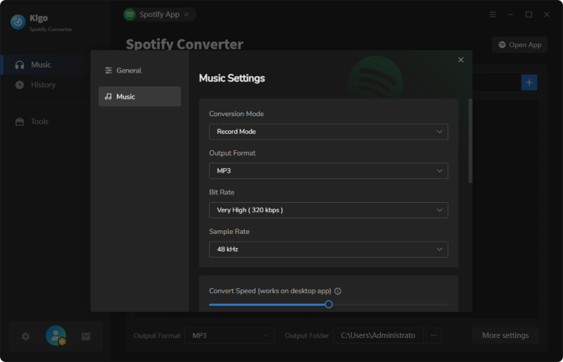 Kigo Spotify Converter settings panel