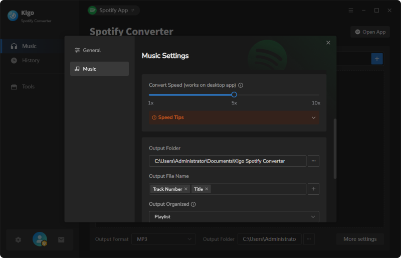 Kigo Spotify Converter settings panel