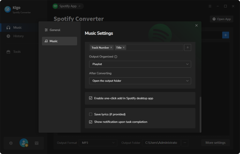 Kigo Spotify Converter settings panel