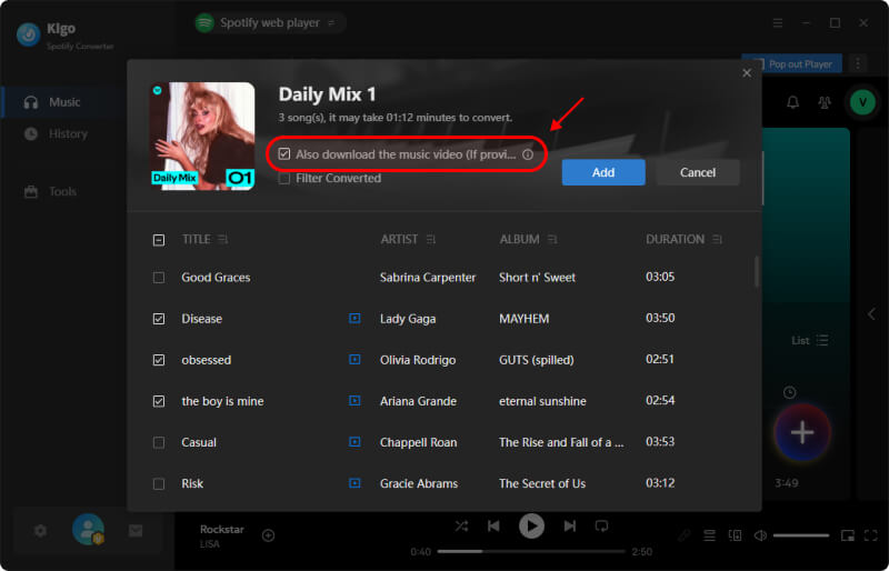 check the option to download music to mp4