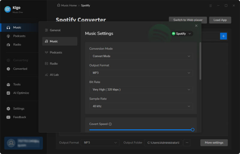 Choose output settings