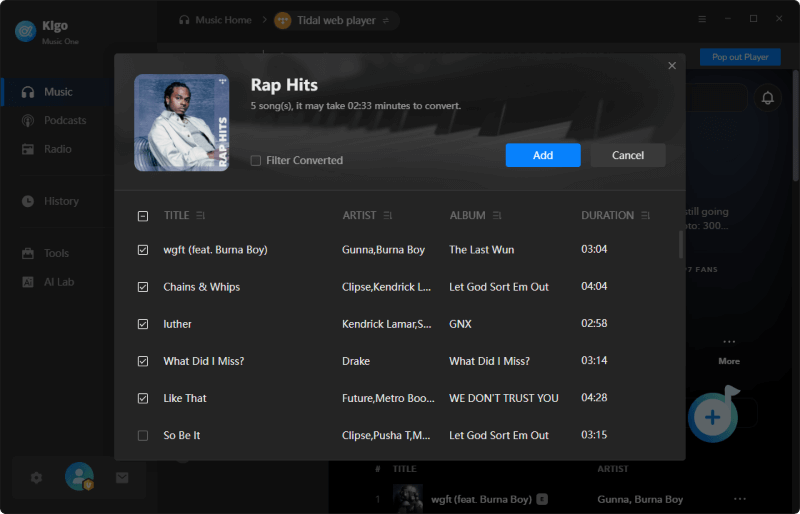 add tidal songs to convert