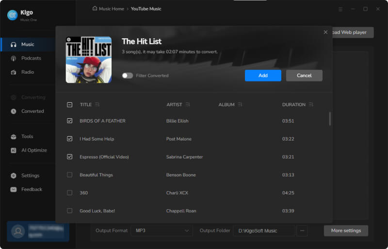 select the youtube music songs